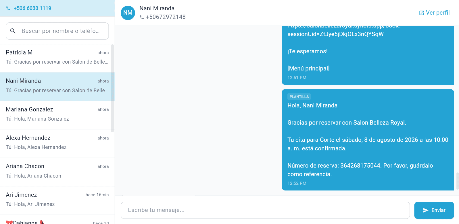 Bandeja de WhatsApp de Syncta con la lista de conversaciones y un chat activo