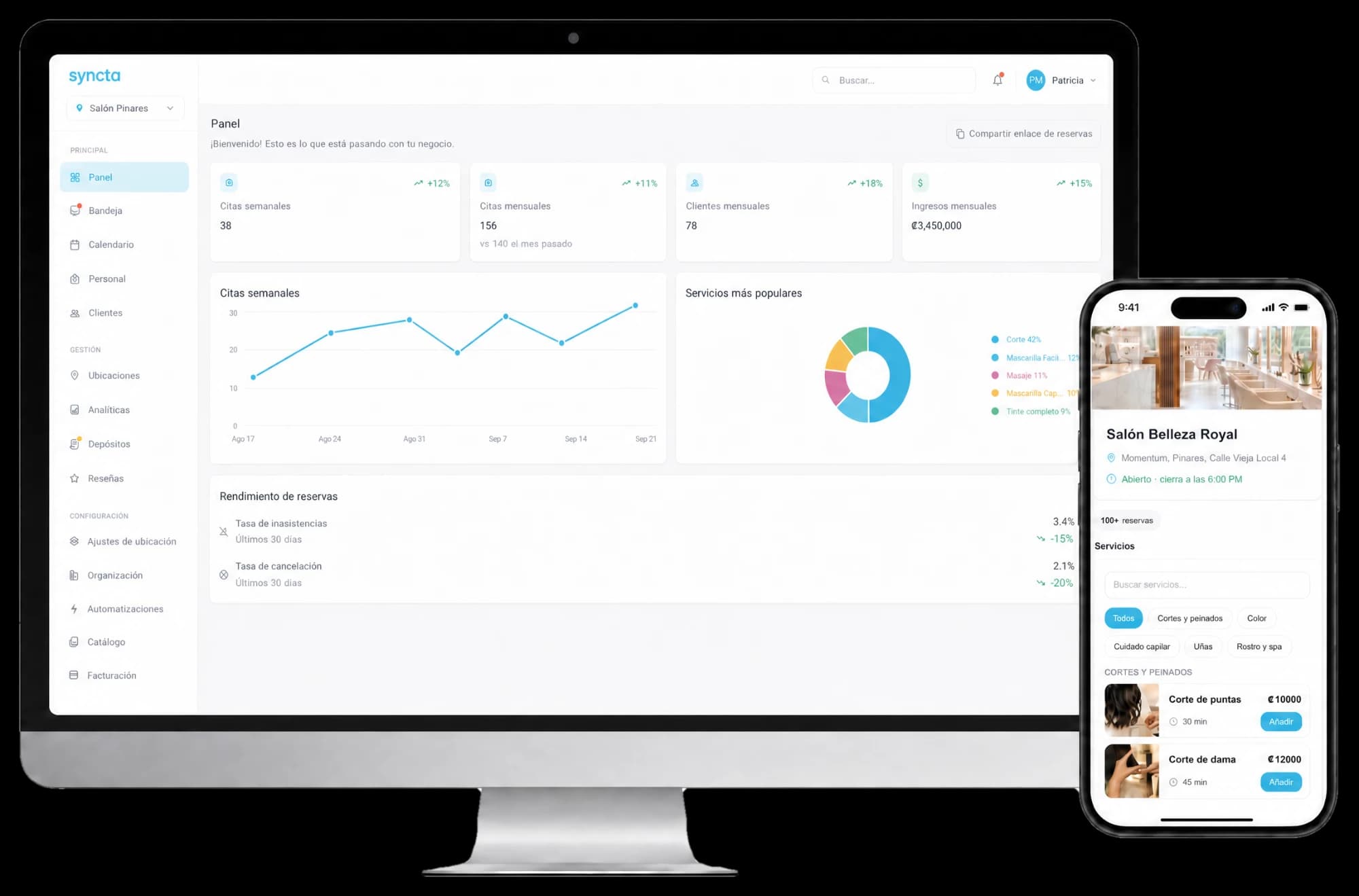Syncta en computadora y celular: agenda, reservas y clientes